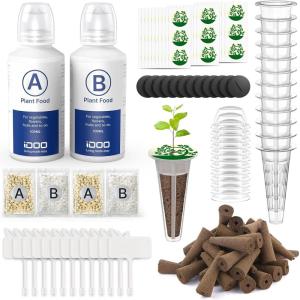 imageiDOO 138pcs Hydroponic Pods Kit with 24 Grow Sponges 12 Grow Baskets 12 Grow Domes 12 Cover 12plant Tags 60 Pod Labels 6 AampampB Plant Food Compatible with All Brands Hydroponics Supplies